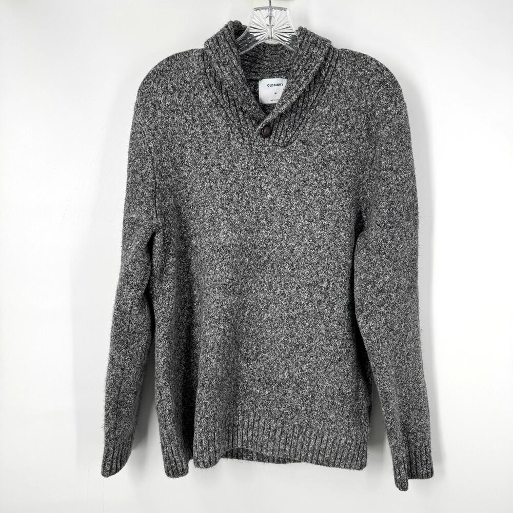 Old Navy Mens Sweater M Shawl Collar Gray Heavy Grandpa Pullover Knit Preppy